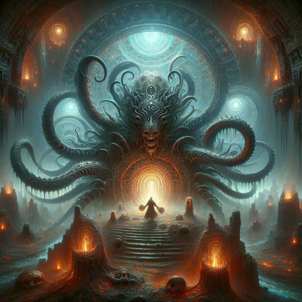AI generated: an ancient creature is awakened through a ritual. by H.P. Lovecraft, Greg Rutkowski, Jean Ansell and...