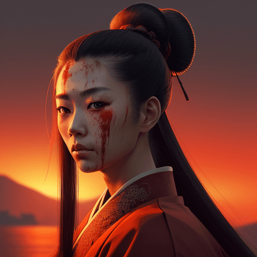 AI generated: A portrait of a female Samurai, long straight hair in a topknot, wearing traditional samurai clothin...