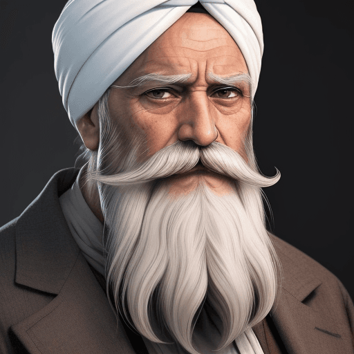 AI generated: The image features an older man, a long white beard and mustache, wearing turban, He has a stern exp...