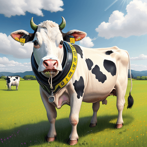 AI generated: A happy cow in a field with a solar panel strapped to its back,  in the style of illusory wallpaper ...