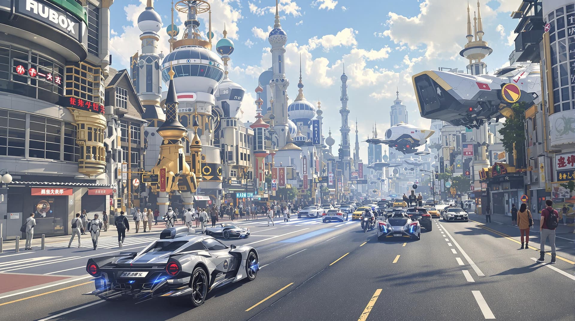 AI generated: fun hyper realistic futuristic cityscape with flying cars, robots and people wearing silver suits an...