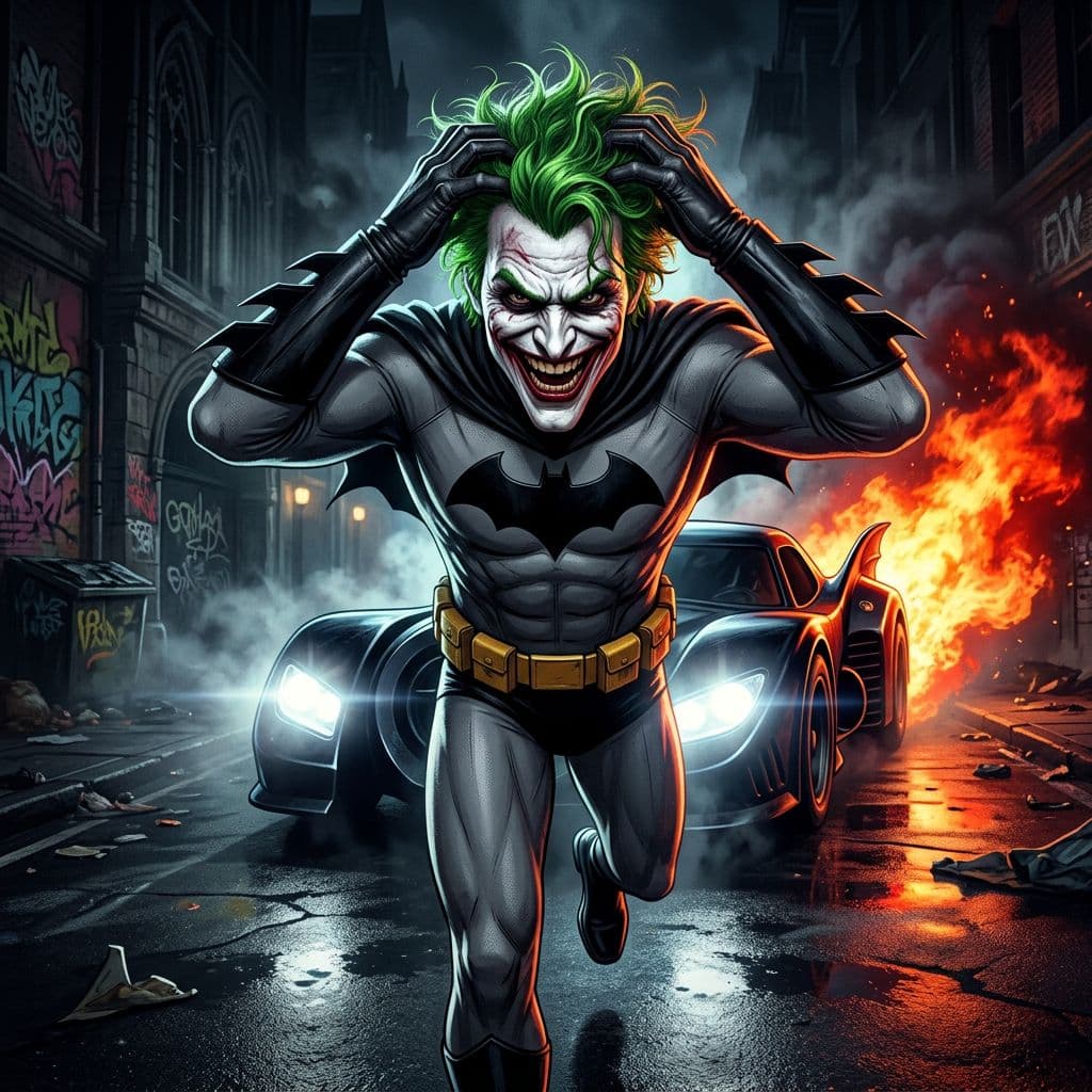 AI generated: 3d illustration of the Joker wearing comic book batman costume THE batman COSTUME suit has unmasked ...