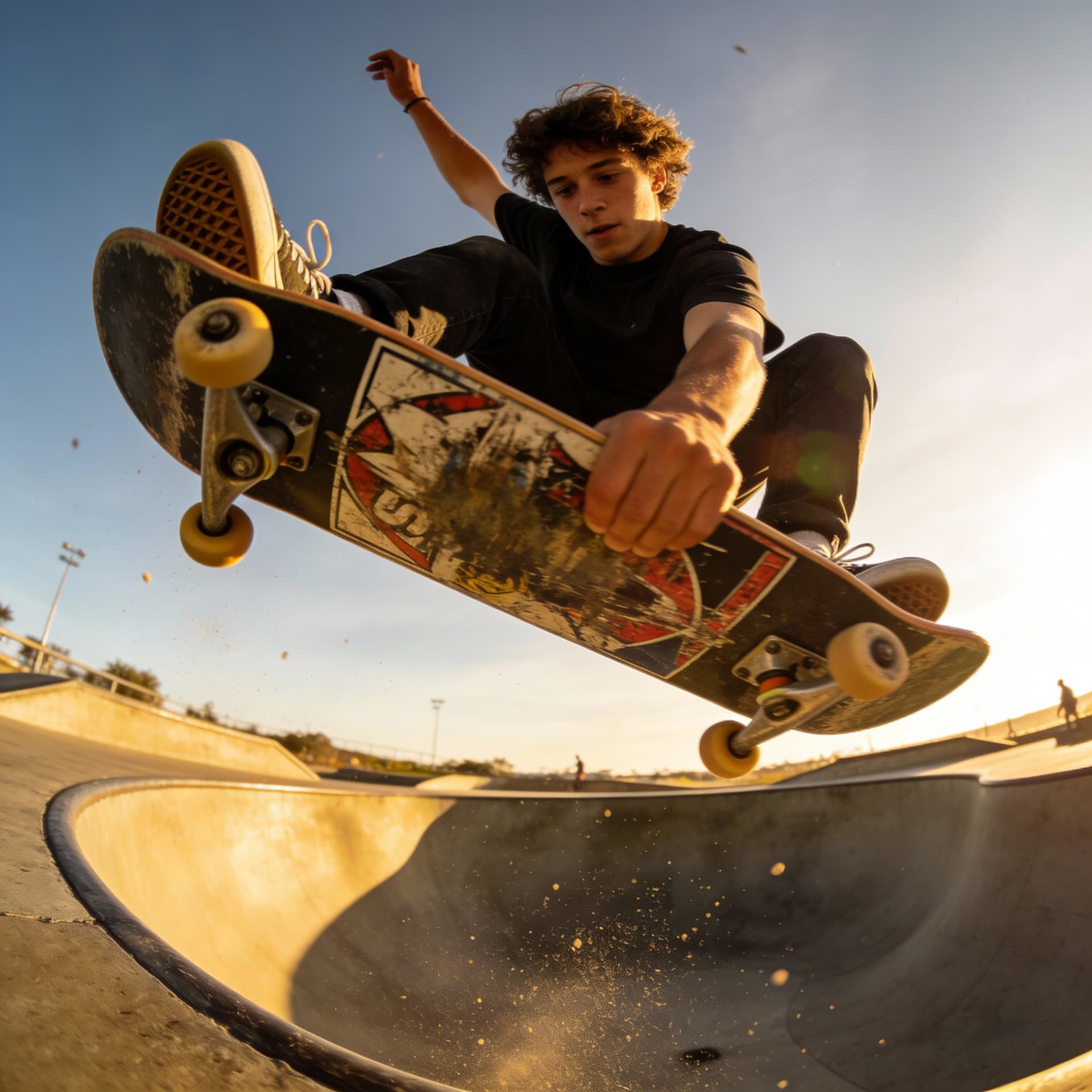 AI generated: A professional action sports photograph of a young male skater performing a high aerial trick over a...