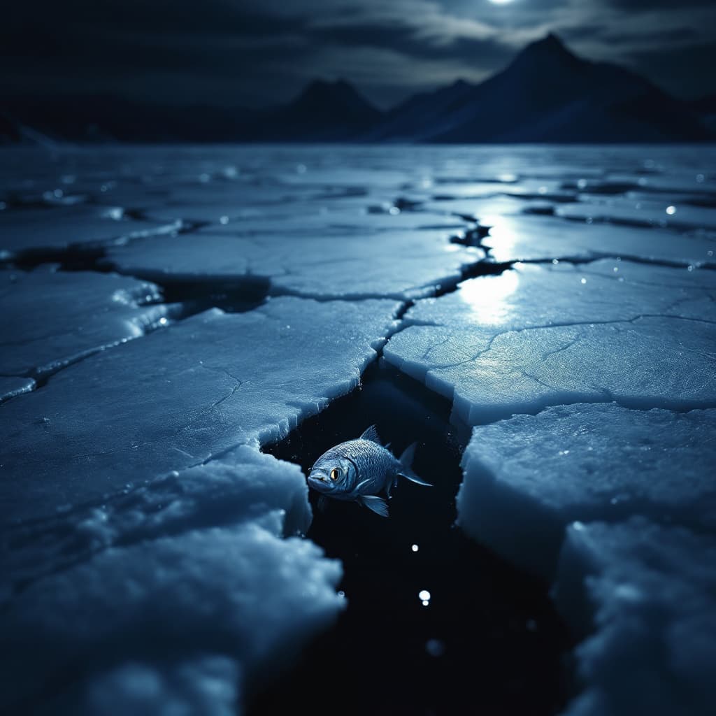 AI generated: “A fractured ice surface at night, with a white-gold fish visible swimming beneath the cracks. The f...