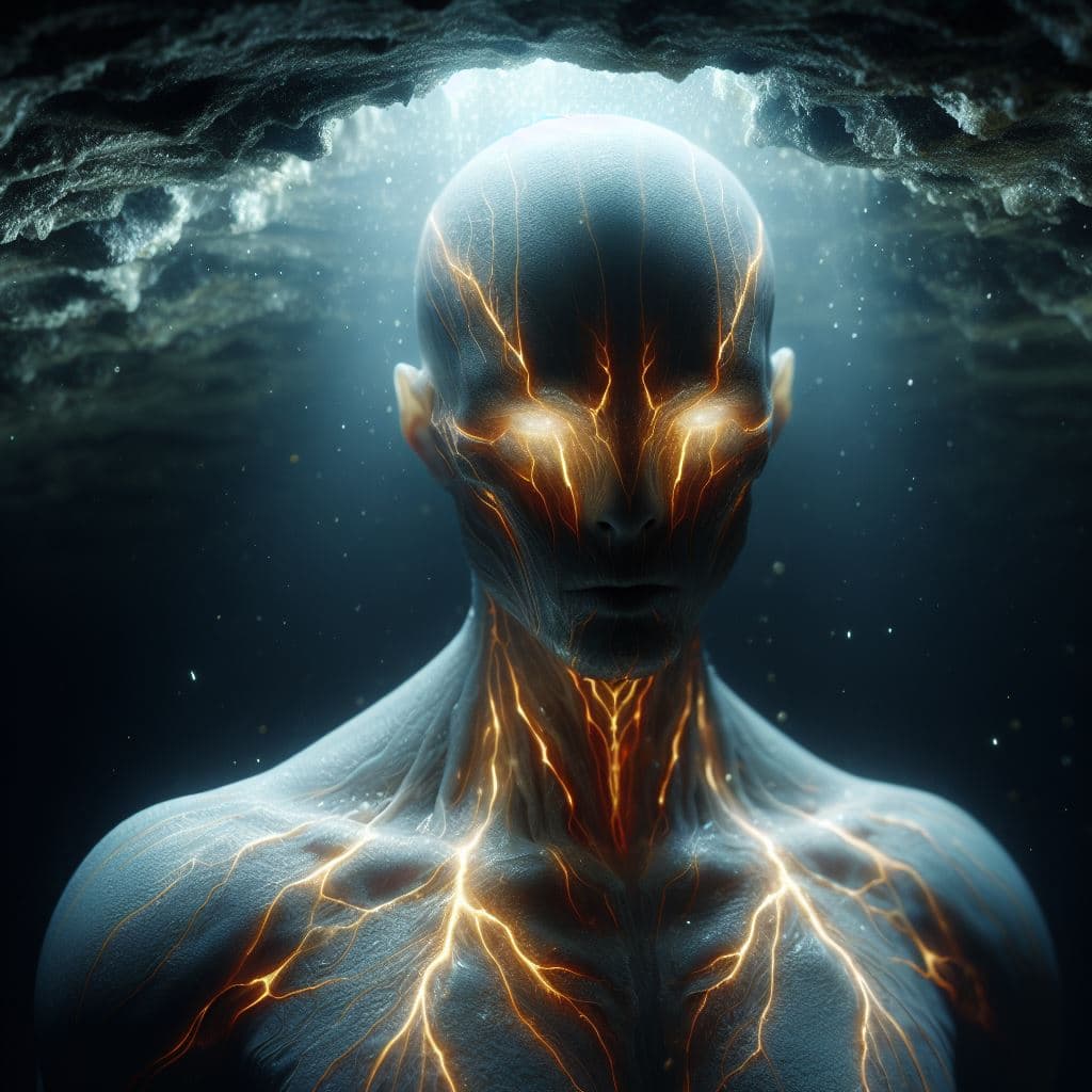 AI generated: A subterranean being, adapted to life in the depths of the Earth. Their skin is pale and translucent...
