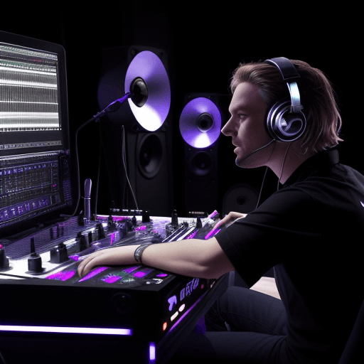 AI generated: dj draait muziek in zijn eigen studio, en praat in zijn microfoon