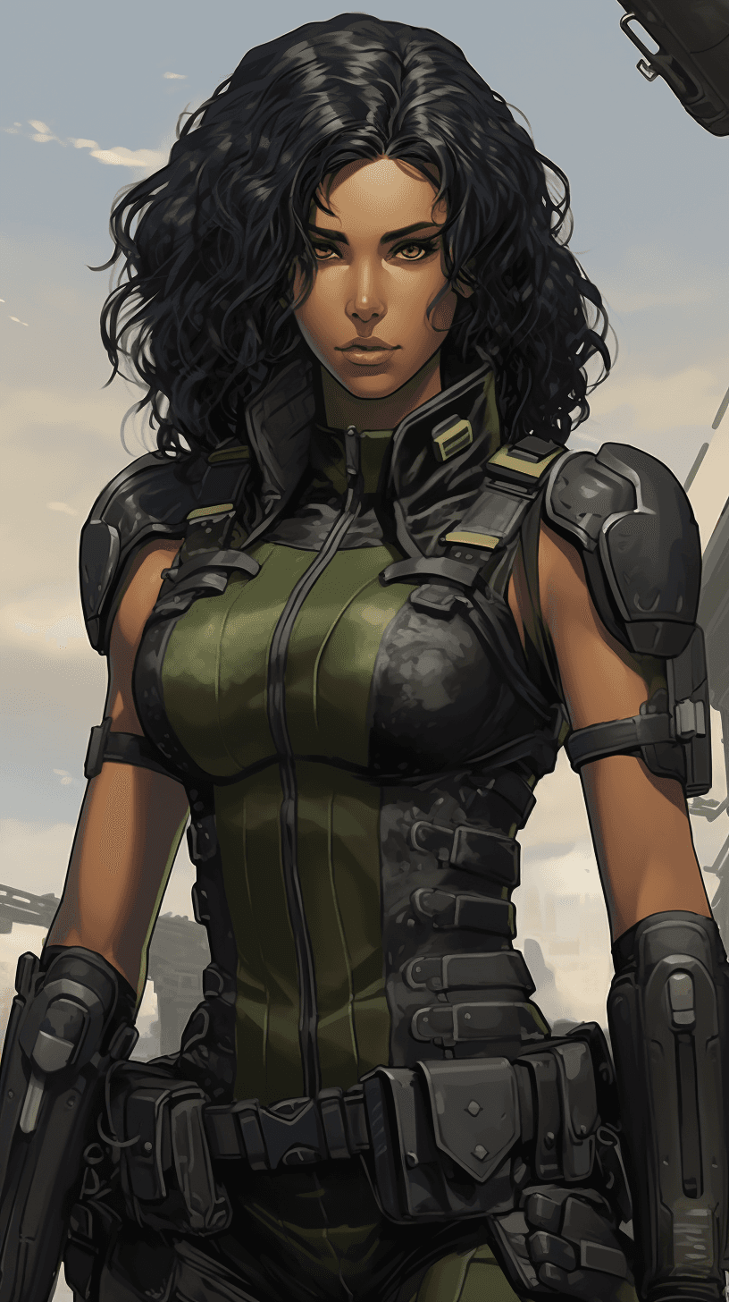 AI generated: game 2d art, image of frieda pinto as a apocalyptic soldier with heavy armor, green eyes, black tank...