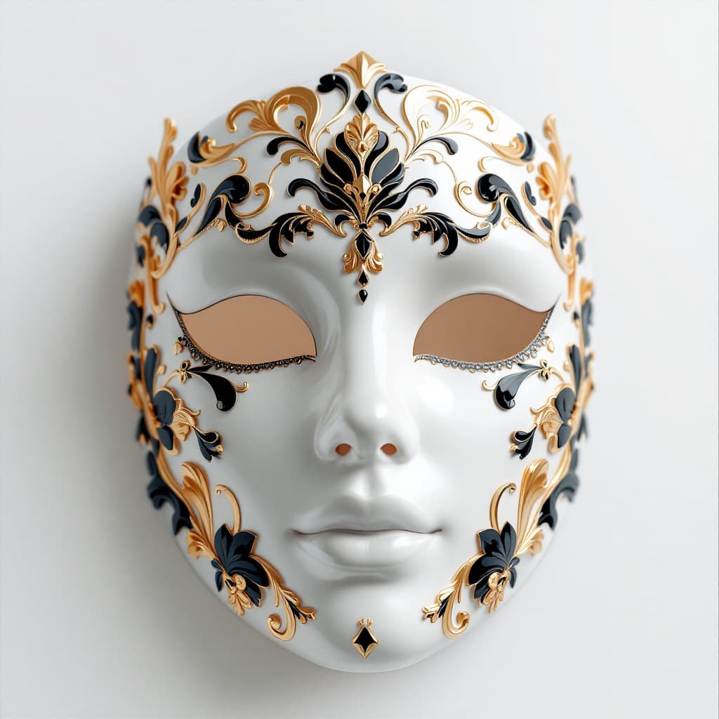 AI generated: Close-up of an ivory mask with black and gold floral designs, white background, glossy magazine-styl...