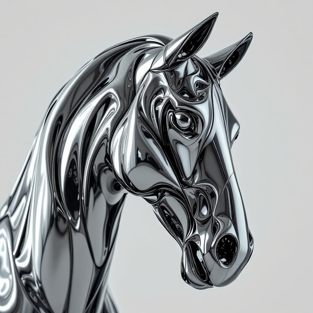 AI generated: highly reflective, polished wooden horse face, distorted and twisted into abstract shapes, reflectin...