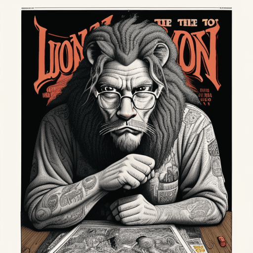 AI generated: illustration of lion, r crumb, mad magazine, mcbess