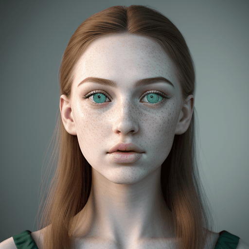 AI generated: young. beautiful lady, wearing a green dress, Pale Skin with freckles, , Almond-shaped Blue Eyes, Lo...