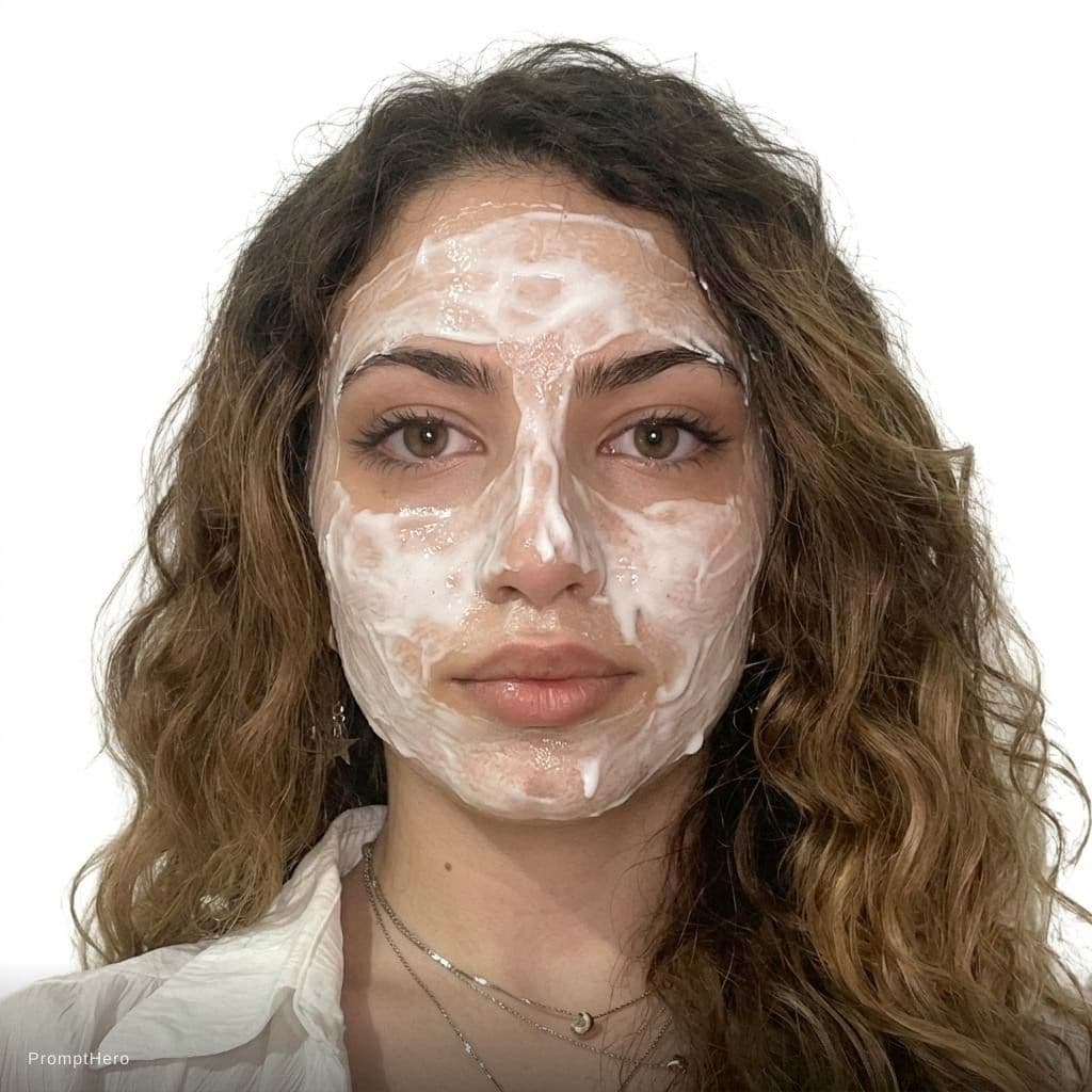 AI generated: soap white viscous on face, maintain her facial traita 100%