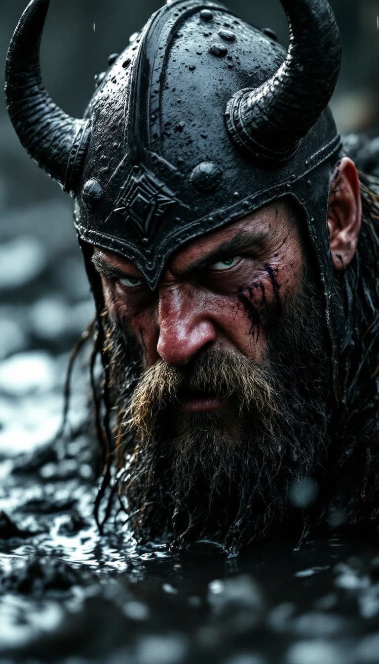 AI generated: Close-up of Viking King emerging from wet black mud :: Dark metal helmet with two large black horns ...