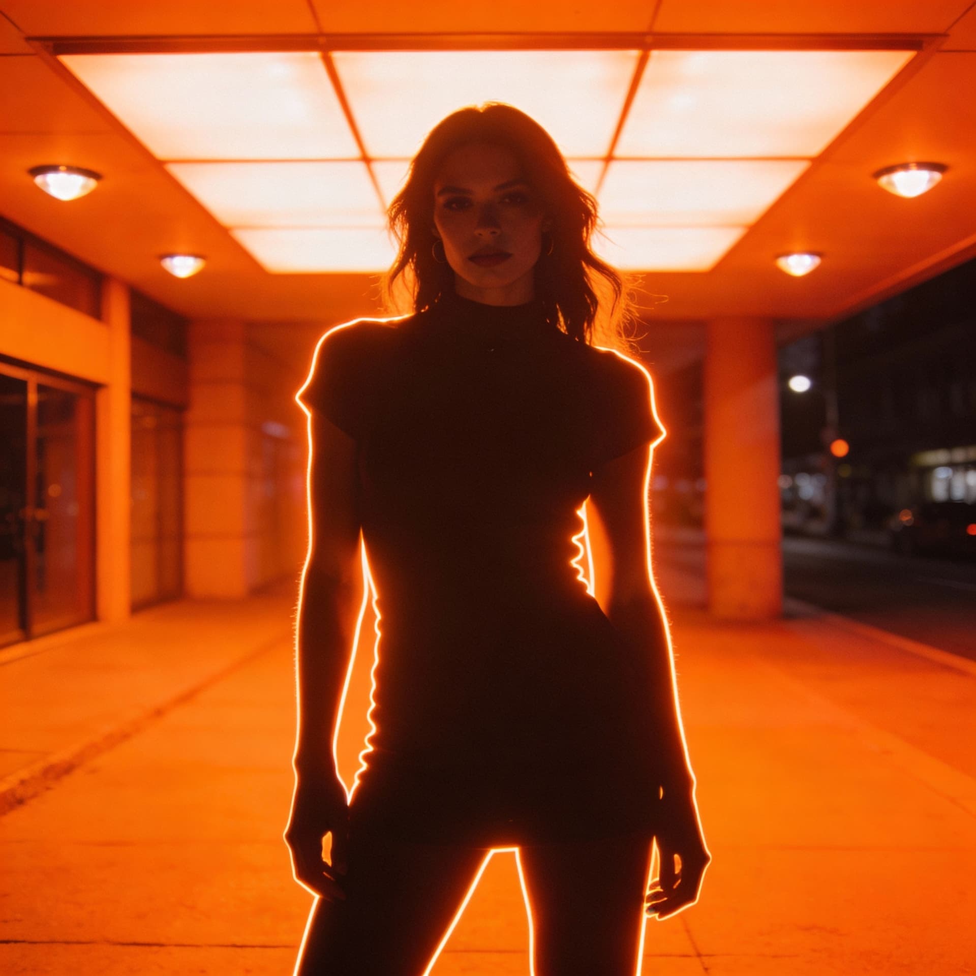 AI generated: Cinematic wide shot, center-weighted composition, a confident female model standing in a striking si...