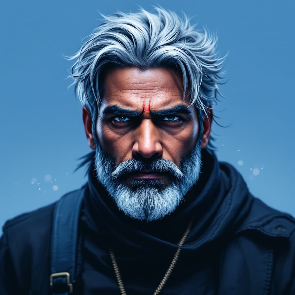 AI generated: movie poster, male indian gamer character aged 28 years with light beard in black, white and blue, i...