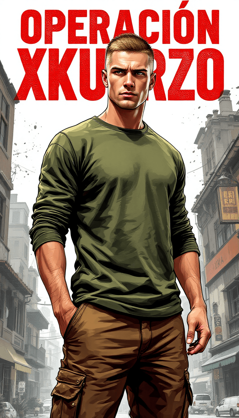 AI generated: Cartoon illustration, comic book cover featuring a handsome blond Russian man, short buzz cut hairst...