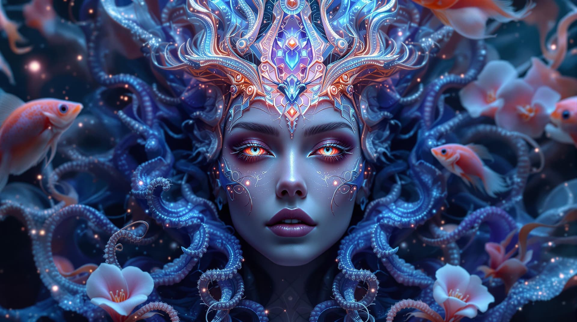 AI generated: Goddess close-up portrait ribcagel. jellyfish phoenix head, nautilus, orchid, skull, betta fish, bio...