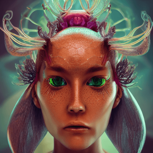 AI generated: Goddess close-up portrait ribcagel. jellyfish phoenix head, nautilus, orchid, skull, betta fish, bio...