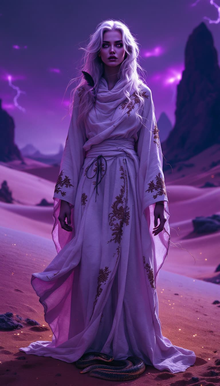 AI generated: An ultra-realistic, full-body portrayal of a mysterious priestess woman, emanating an aura of serene...