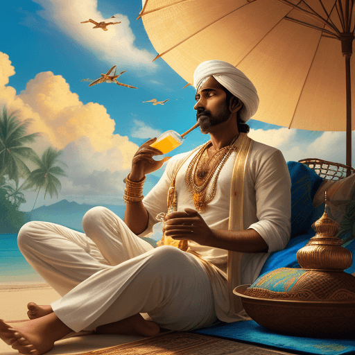 AI generated: 
In a tropical paradise adorned with sunlit clouds, a Tamilian gentleman relaxes atop a magical flyi...