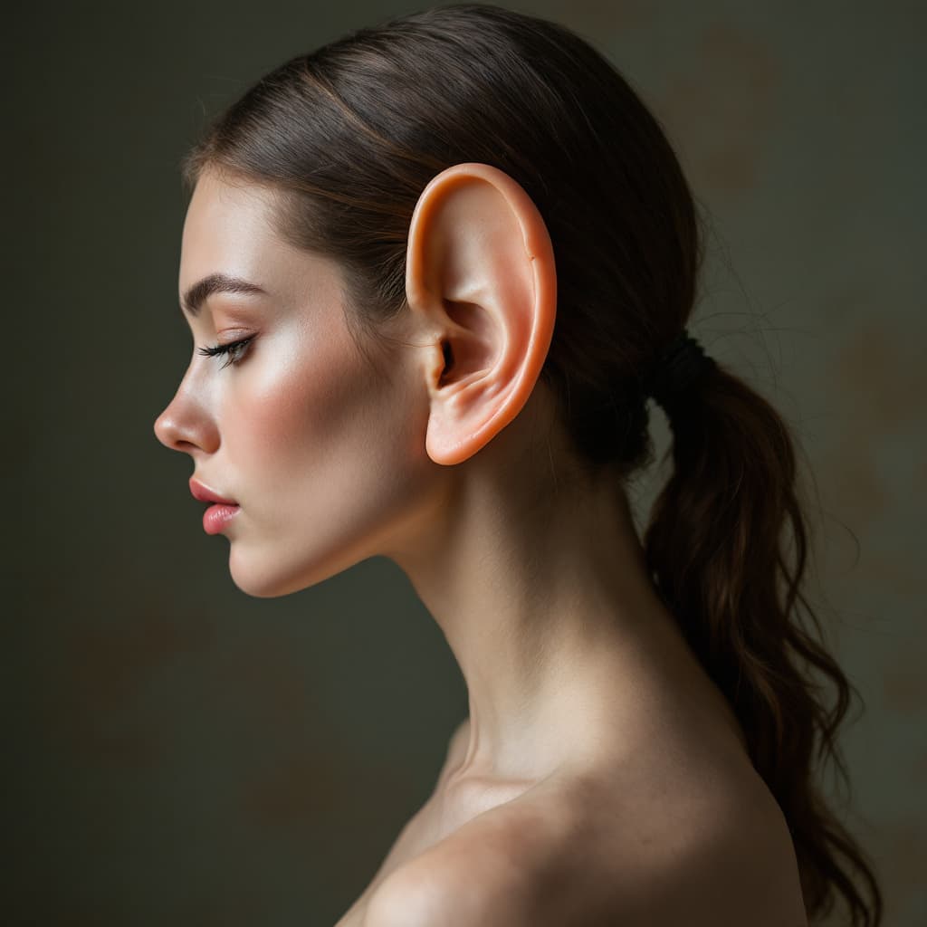 AI generated: A photo model with a very large ear stuck to her back.