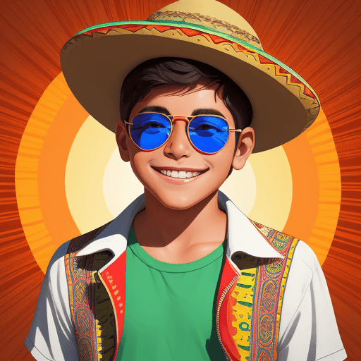 AI generated: mexican boy ilustration with sun glasses happy smiling eyes mexican folk style crypto streets backgr...