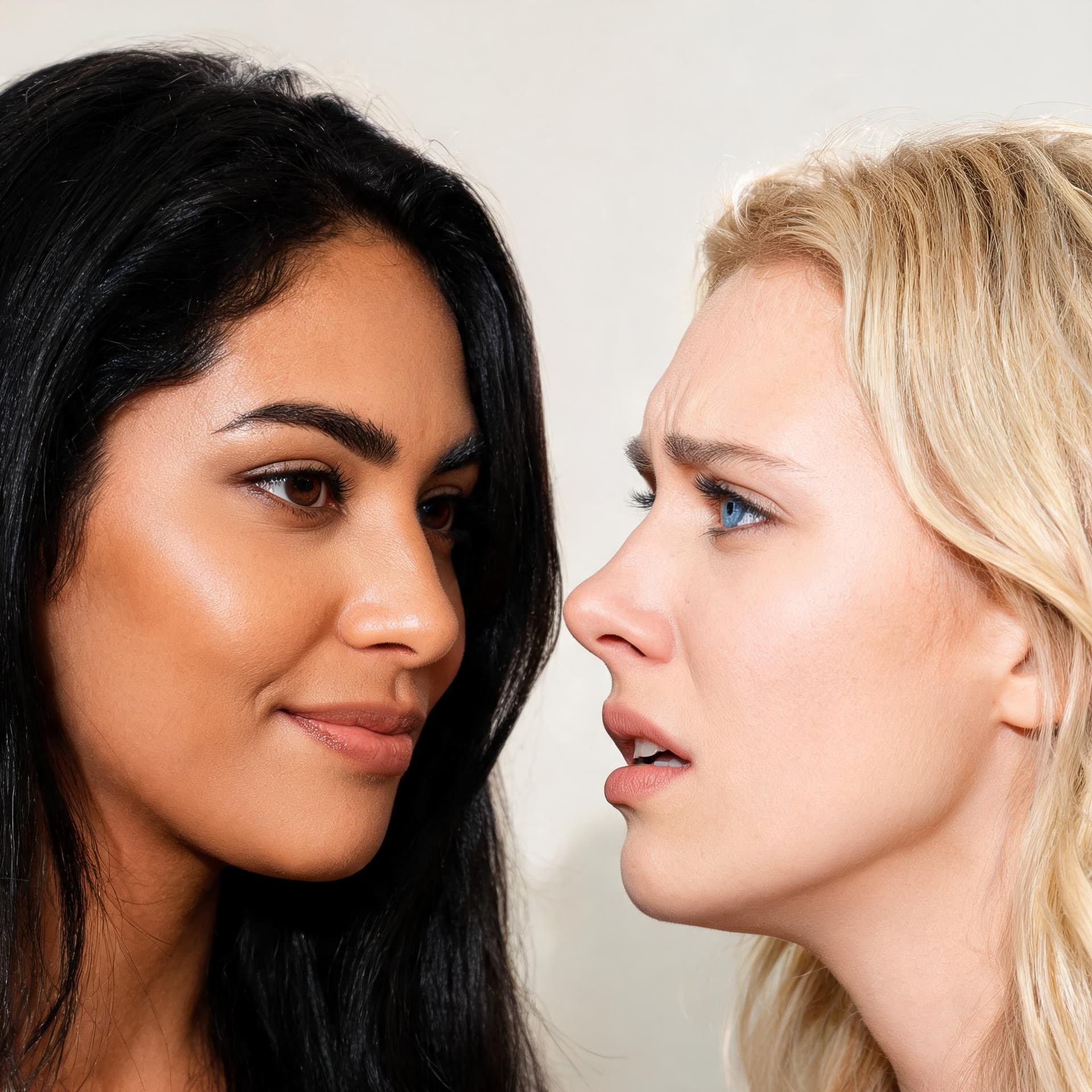 AI generated: 
a mexican raven haired beauty brown eyes looking at an american blue eyes natural blondess head is ...