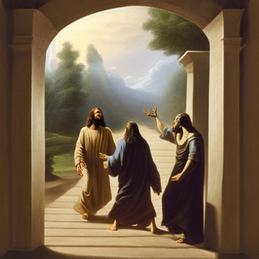 AI generated: jesus taking someone by his hand and walking towards the gates of heaven. 