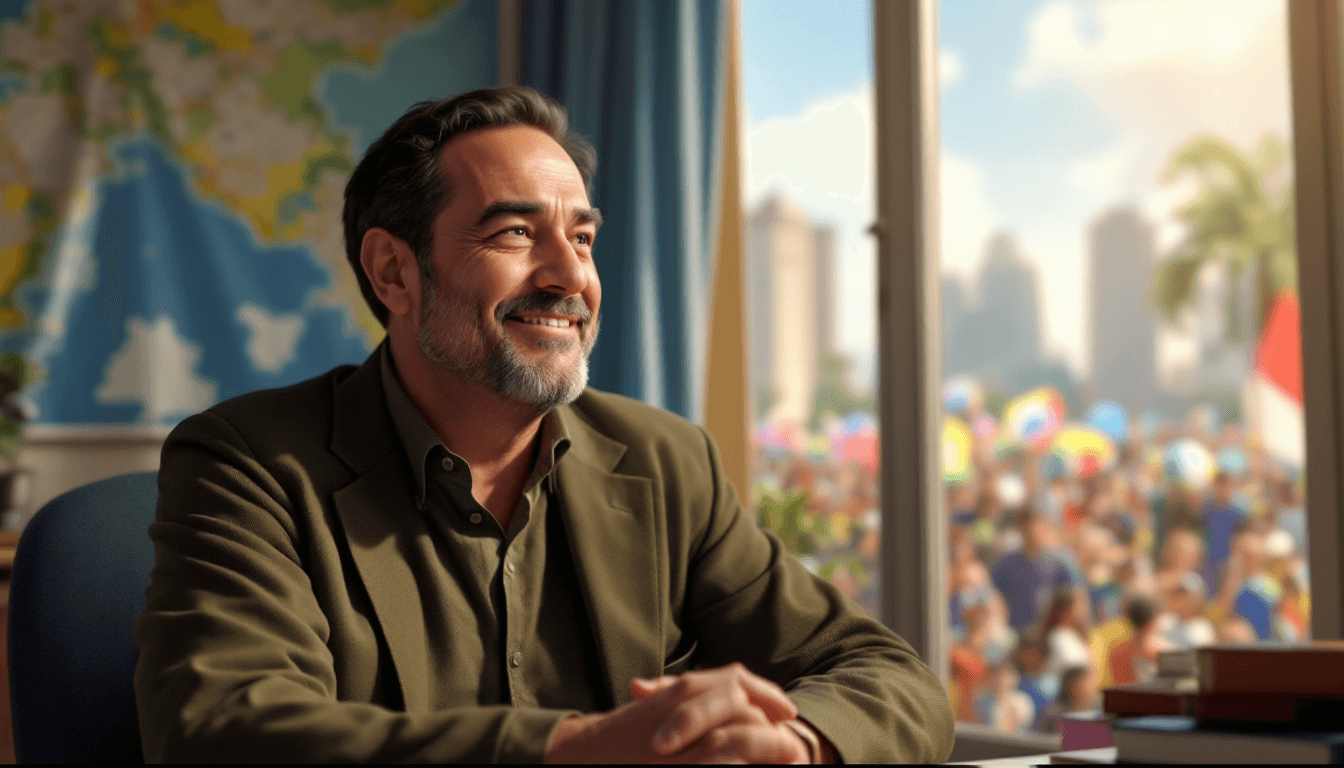 AI generated: "Professor Álvares in his classroom, with a map of Paraná suspended in the background. He looks out ...