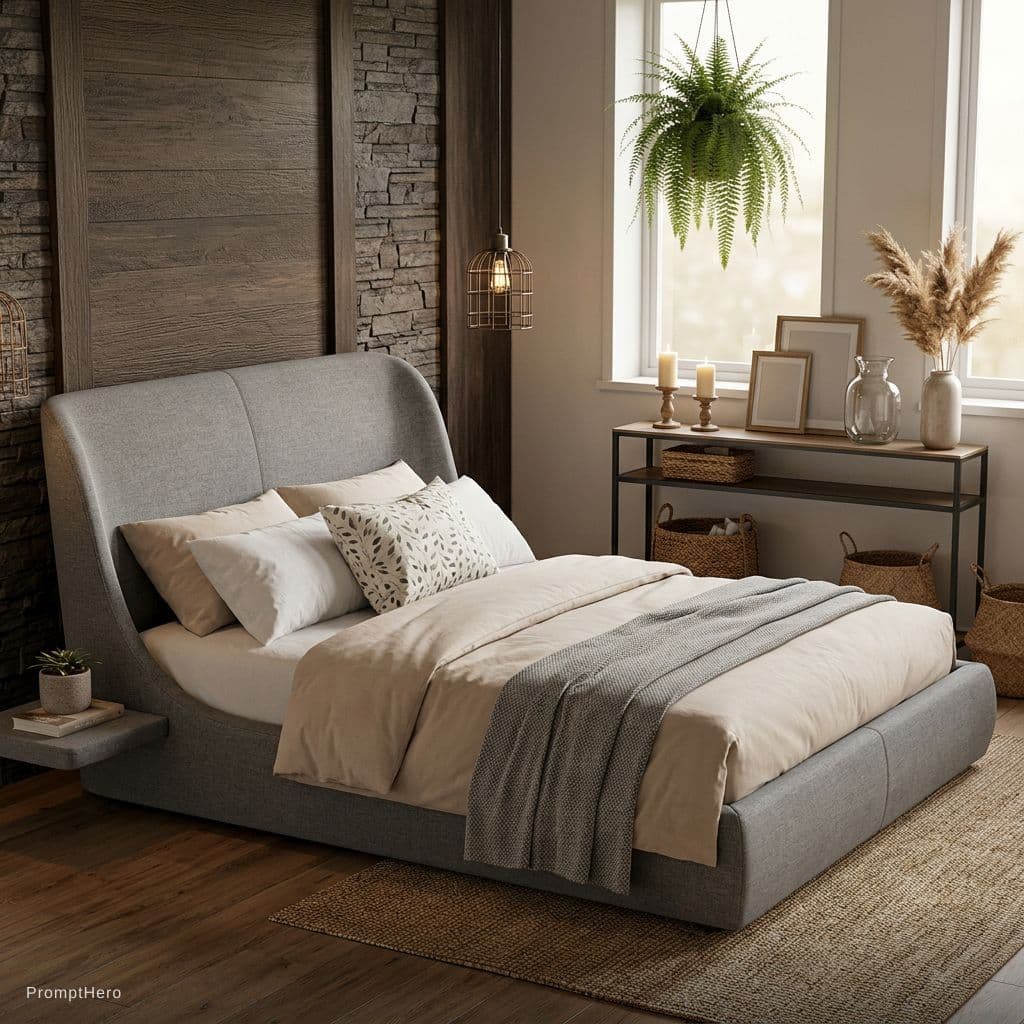 AI generated: Put this bed into the image instead of the wooden bed whilst keeping everything else the same