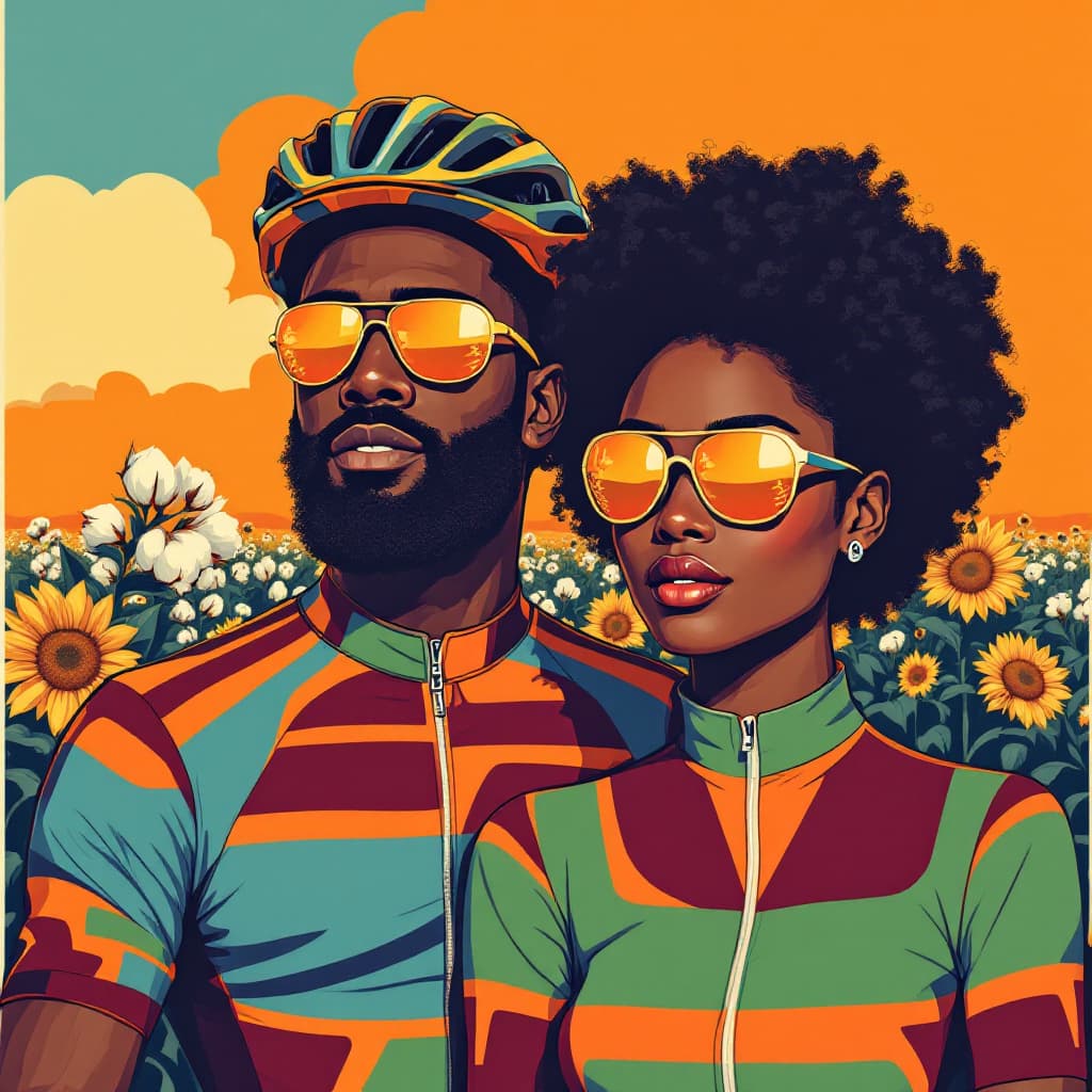 AI generated: Retro poster, vibrant, stylized pop art illustration featuring a man and a woman with dark skin . th...