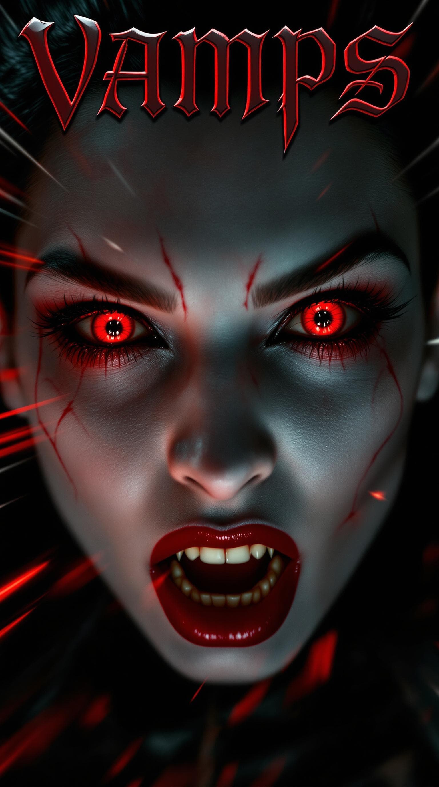 AI generated:  VAMPS horror magazine cover: A dynamic, bird's-eye view close-up of a beautiful bewitching vampire ...