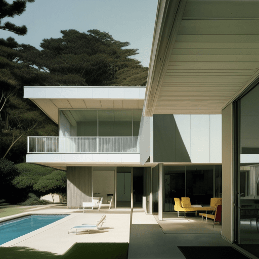 AI generated: Hyper realistic eye level exterior photo of a mid century modern style house overlooking the ocean, ...