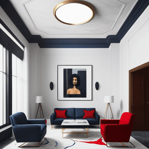 AI generated: high resolution photography interior design, living room with 3 fabric dark blue armchairs with smal...