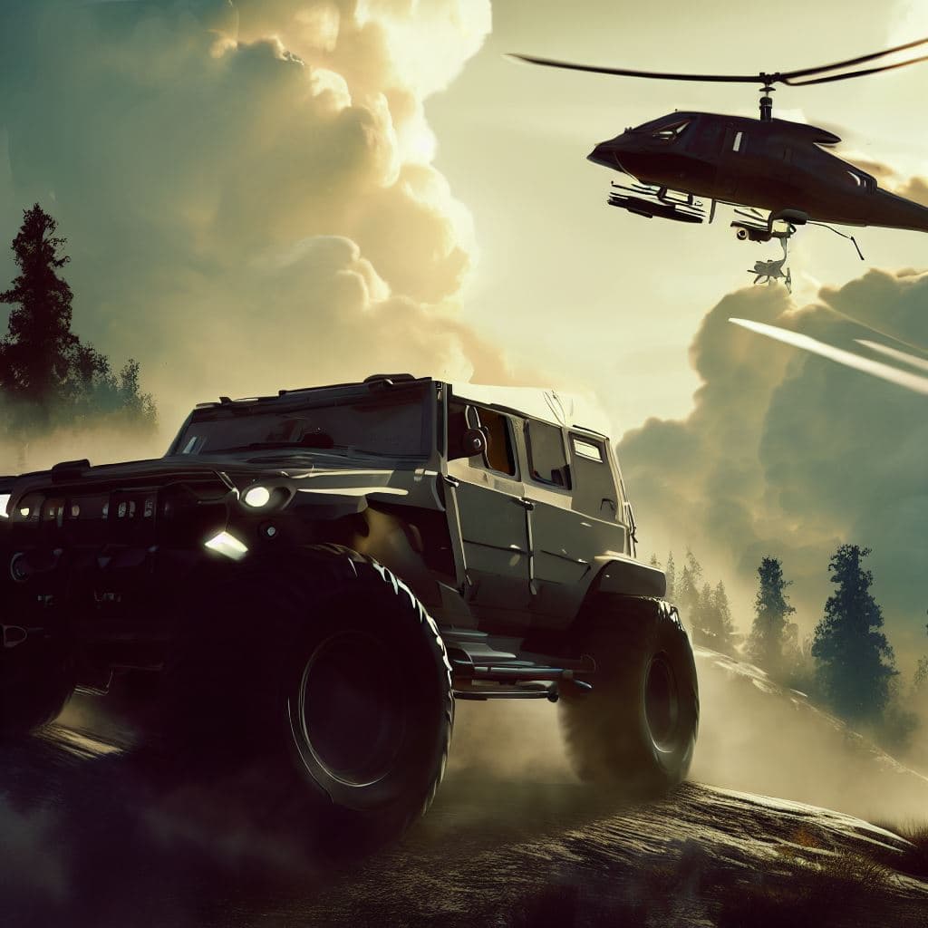 AI generated: A larger car driving on a mountain and chasing a helicopter with a machine gun, with trees and cloud...