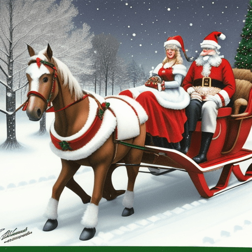 AI generated: USSR christmas postcard, Santa Claus and Snow Maiden, christmas tree, snow, sleigh, 3 horses