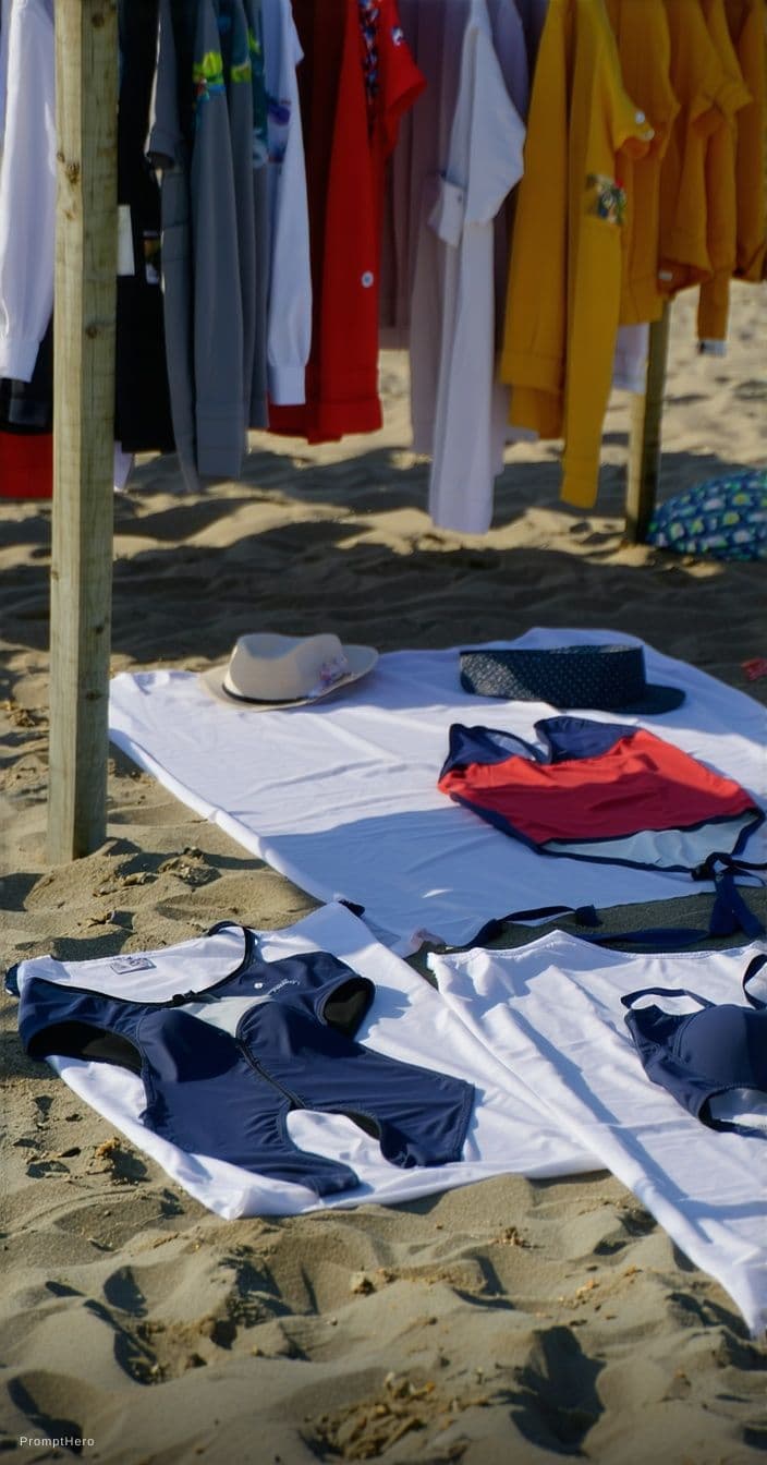 AI generated: Beach setting. Change clothing to swimsuit 
