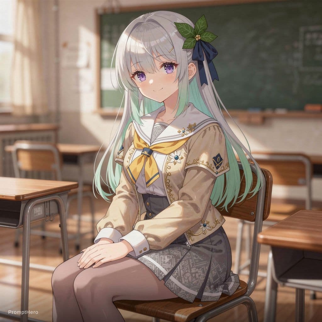 AI generated: A highly detailed, anime-style digital illustration of a beautiful young woman with long silver hair...