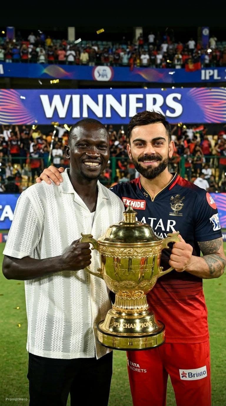 AI generated: Combine these two photos and make me to stand beside virat kohli with the ipl cup. Make virat giving...