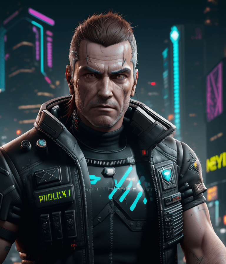 AI generated: a male protagonist of cyberpunk 2077 with a big jowline,it's a italian man,a tuft, brown hair, red e...