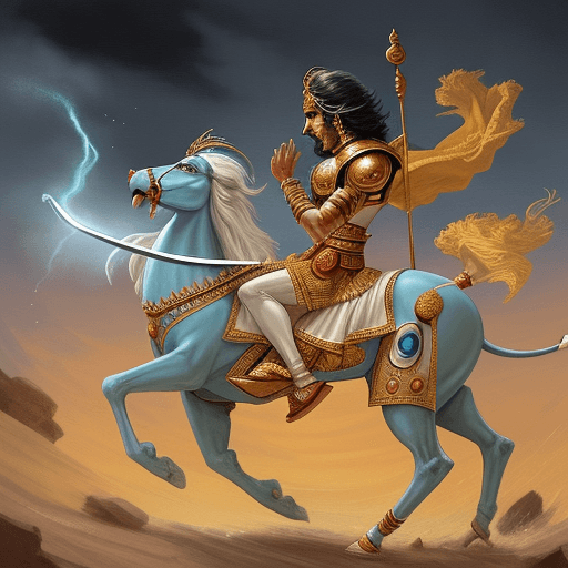 AI generated: arjuna stopping lord sri krishna in kurukshetra war .need war atmosphere and portray as indian epic
