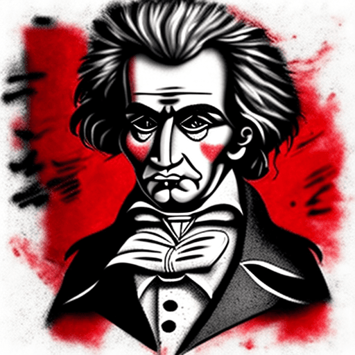 AI generated: Realistic trash polka style chest tattoo sketch of Ludwig Van Beethoven, red and black mdjrny-v4 sty...