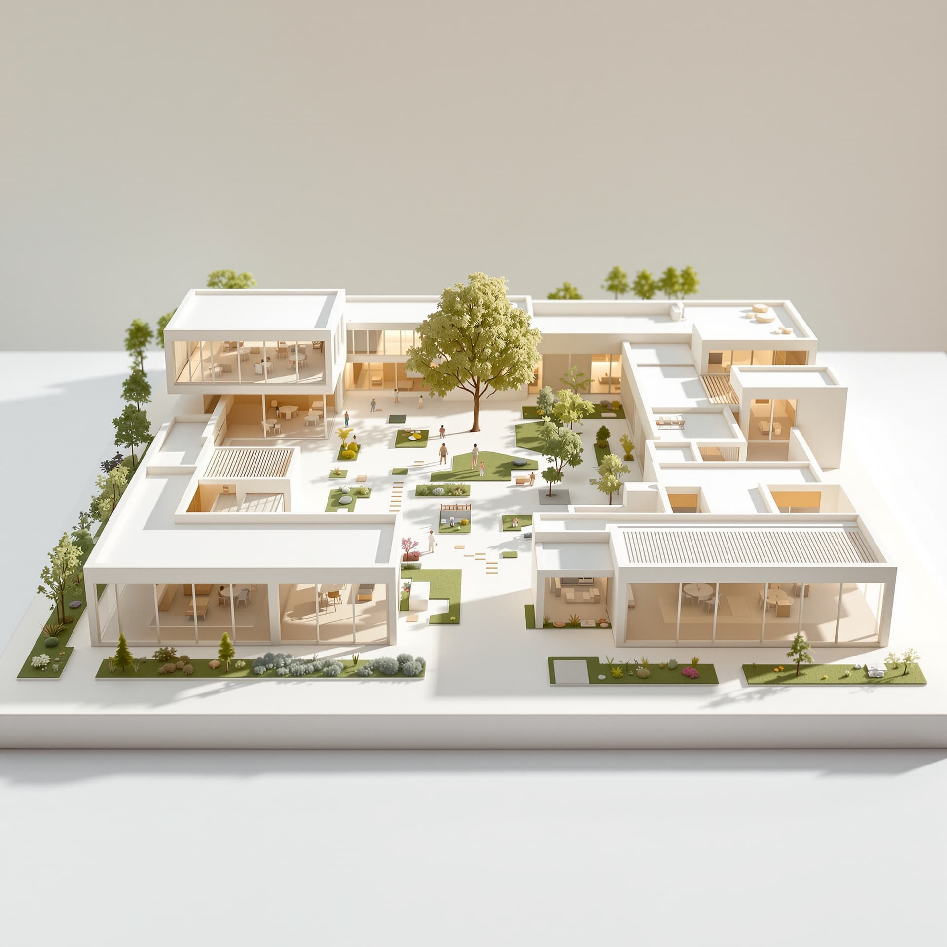 AI generated: A minimalist architectural model of a modern educational school complex designed according to Montes...