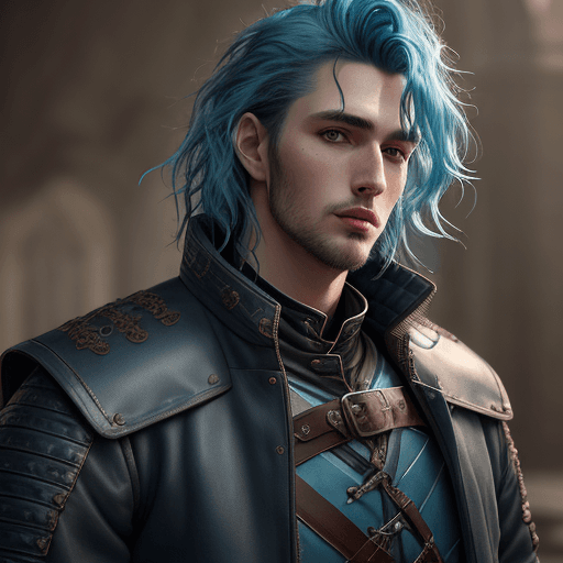 AI generated: wavy blue haired tall handsome young guy, wearing medieval clothes and leather jacket, masterpiece, ...