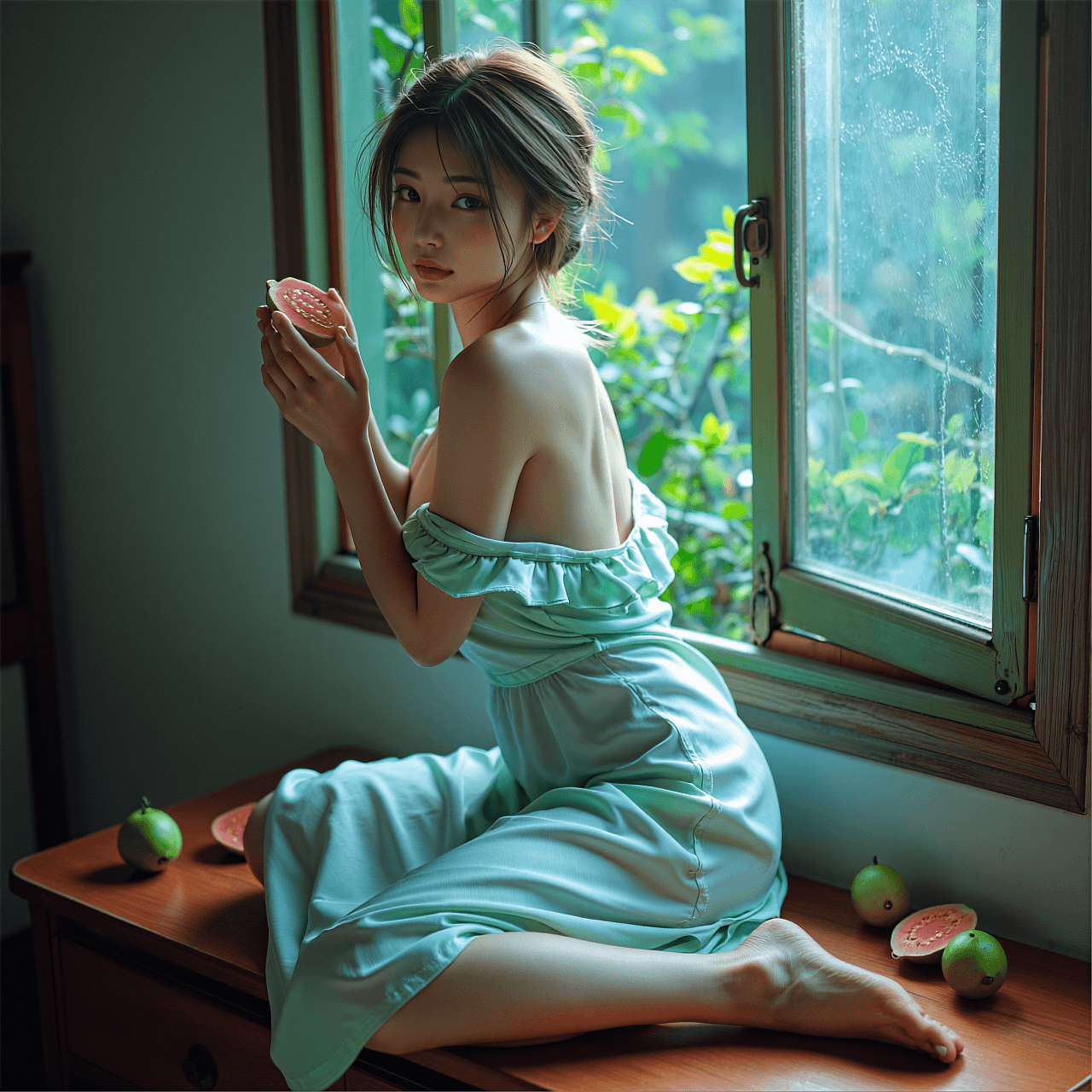 AI generated: A highly detailed, photorealistic, cinematic medium-full shot of a delicate young East Asian woman k...