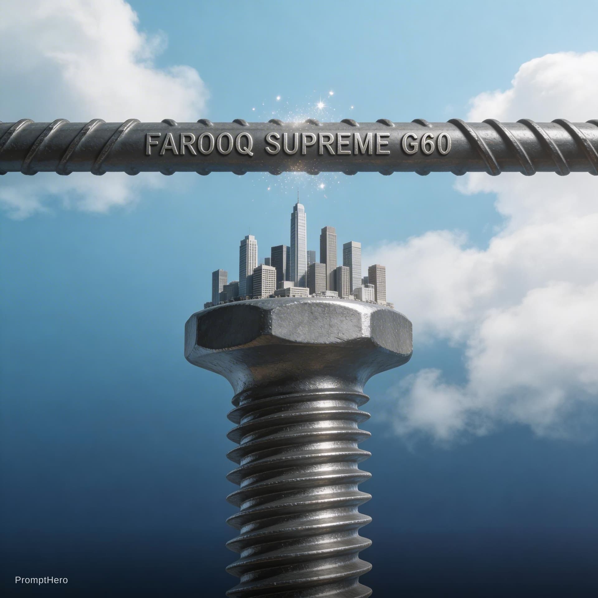 AI generated: A surreal cityscape is emerging from the top of a large, metallic, screw-like structure, rendered in...