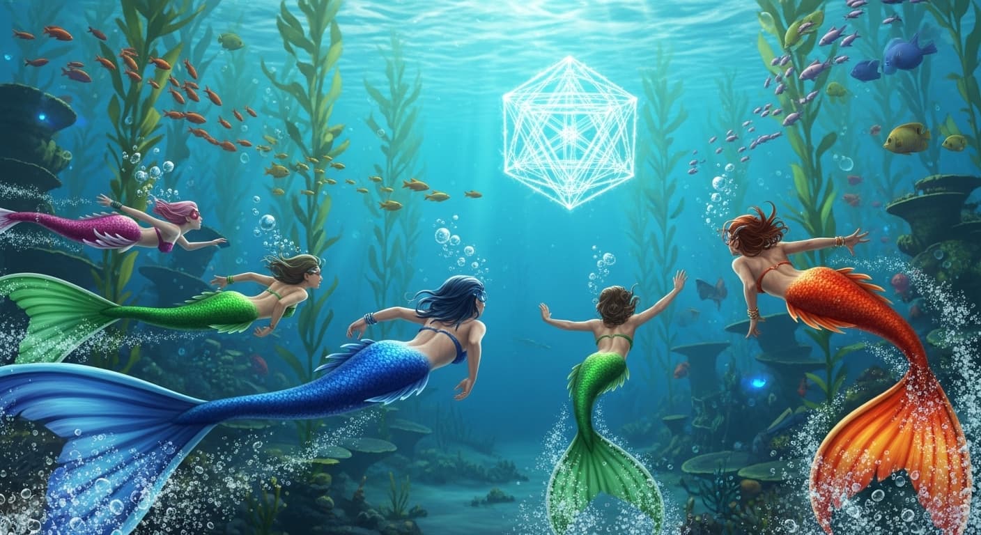 AI generated: Mermaids racing towards the merkaba 