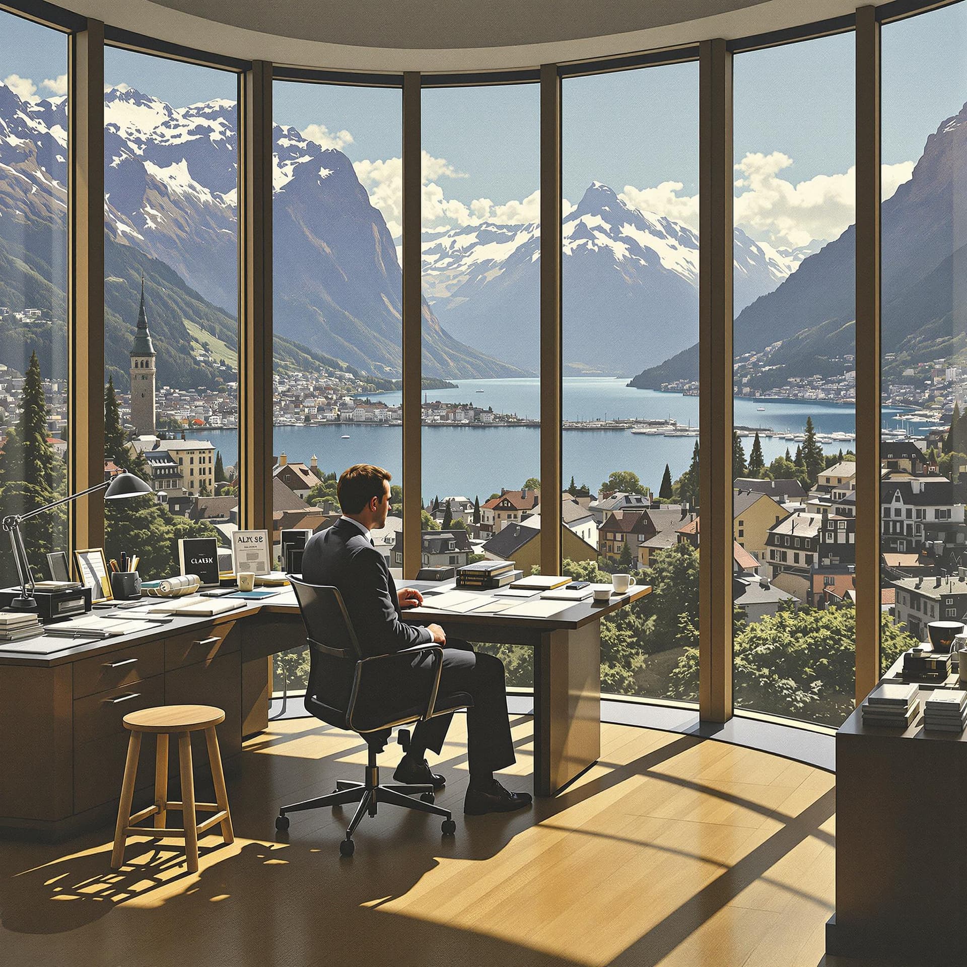 AI generated: An office of a Swiss executive in the early eighties, sitting at his desk with large windows overloo...
