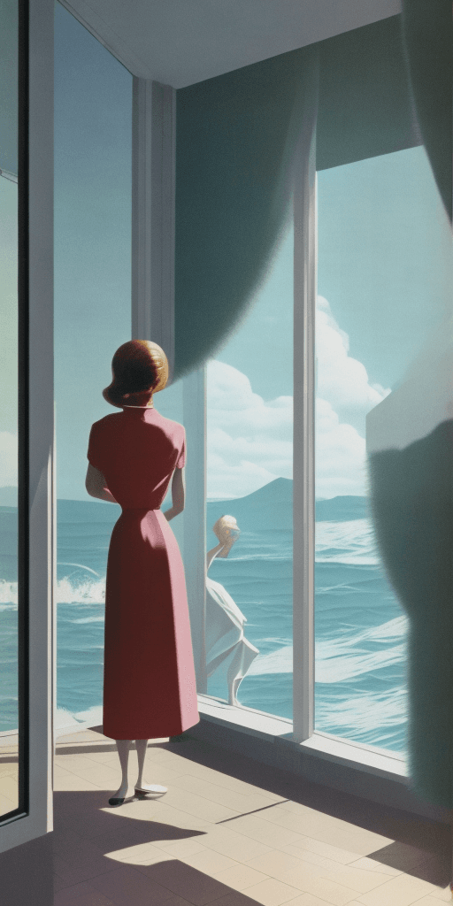 AI generated: Hyper realistic eye level a woman stares at the window, style in a mid century, faraway is the ocean...