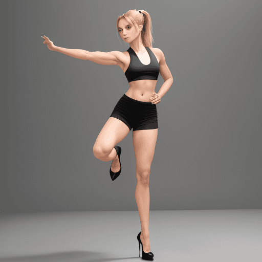 AI generated: full body pose, straight body, ams up and hands in hair, ponytail hair, knock-knees, standing in hig...